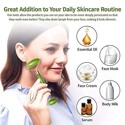 Jade Roller for Face and Gua Sha Set Face Roller Natural Jade Stone for Anti Aging,Eye Puffiness Wrinkles, Massage Tools for Face Eyes