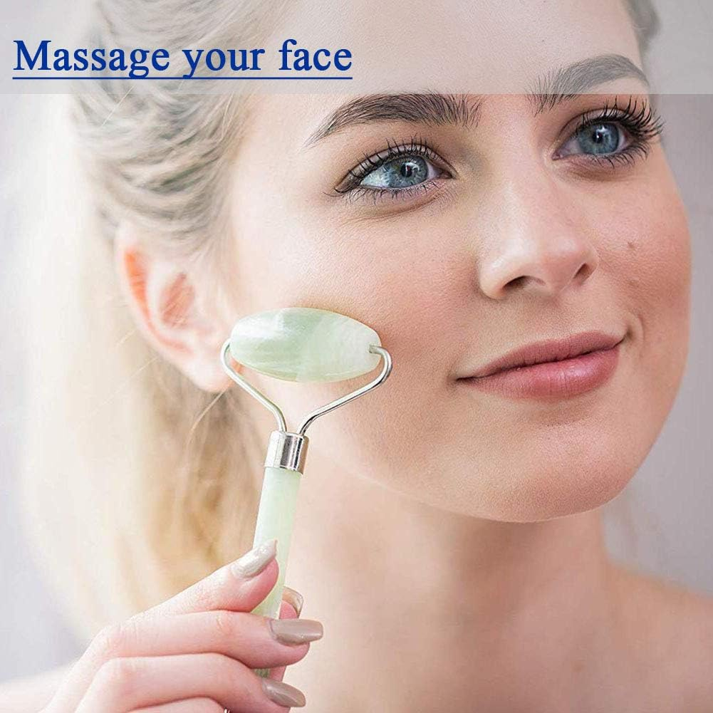 Jade Roller for Face and Gua Sha Set Face Roller Natural Jade Stone for Anti Aging,Eye Puffiness Wrinkles, Massage Tools for Face Eyes
